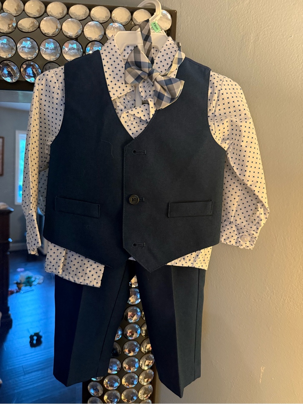 Van Heusen Navy Blue Boys 3-Piece Dress Set with Polka Dot Shirt and Bow Tie
